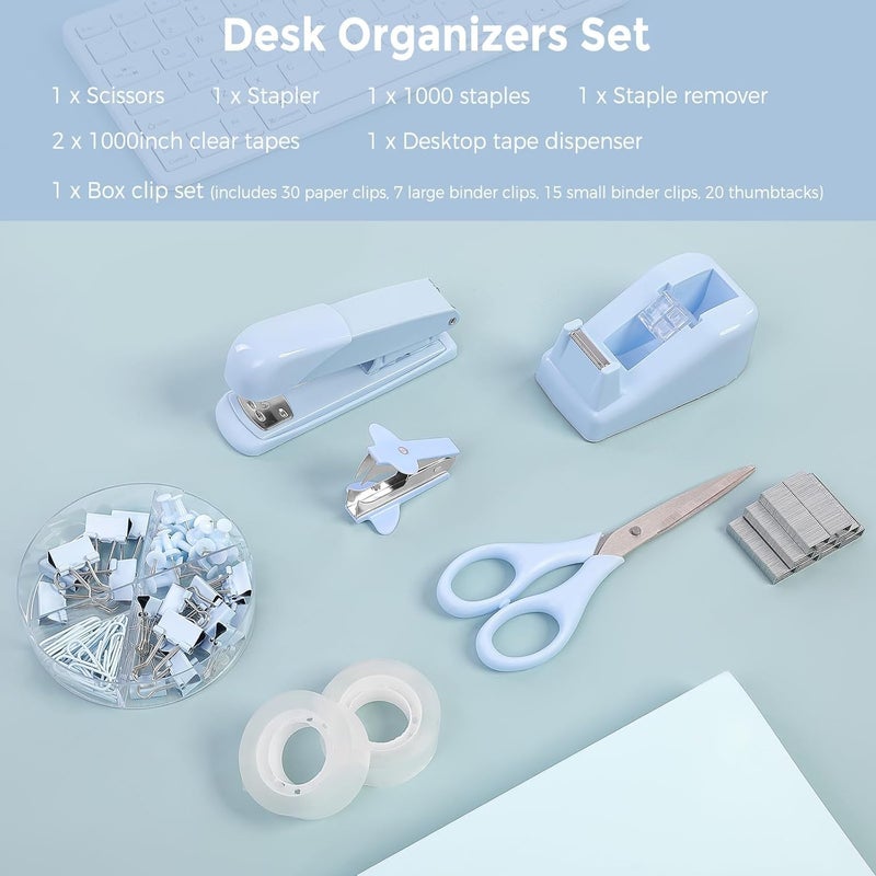 Skydue Blue Office Desk Accessories, Blue Office Supplies, Stapler, Tape Dispenser, Scissors, Clips and 1000pcs Staples,Desk Supplies for Women - Image 3